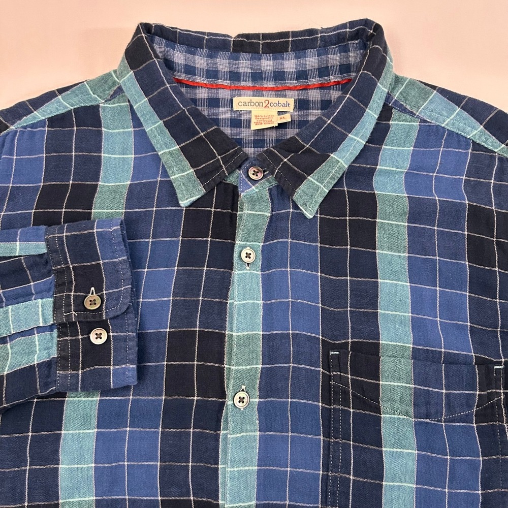 Carbon2Cobalt Mens XL Blue Teal Plaid‎ Flannel Lined Long Sleeve Button Up Shirt